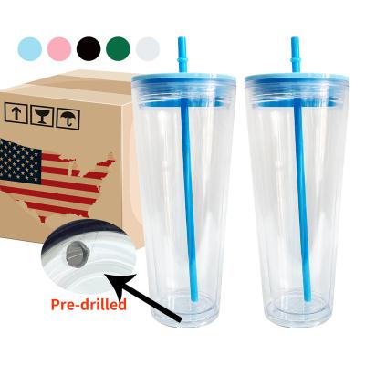 China Sustainable 24oz BPA free double wall clear transparent suitable for vinyl plastic arylic coffee cup with lids and straws sold by case for sale