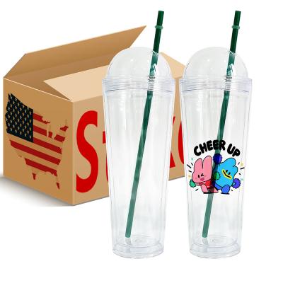 China Sustainable 24oz double walled clear transparent venti size plastic acrylic Ice Cream Cone pre-drilled tumbler with dome lid and straw for sale