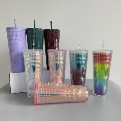 China Sustainable 24oz plastic Acrylic Laser holographic grid Corn cold Cup with blank logo spot  For Iced Coffee, Smoothies, and Cold Drinks for sale