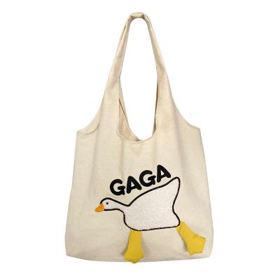 China New Plush Duck Handsome Embroidery Shoulder Bag Fashion Shoulder Bag Female Lamb Hair Leisure Large Capacity Shopping Bag Student Canvas Bag for sale