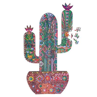 China Hot Sale 3d Adult Unique Wooden Material Type Jigsaw Puzzle Customized Cactus Shape Wood DIY Practice and Kids Puzzle for sale