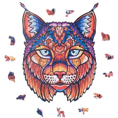 China Custom wood puzzle laser cut hot sale style plywood material wooden type unique Lynx shape animal puzzle for adults and kids for sale