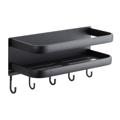 China Wall Mounted Type Black Aluminum Bathroom Shelf With Hooks With Sticker Wall Mounted for sale