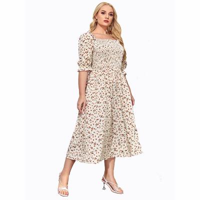 China Smocked Breathable Floral Print Casual Dress Women Short Sleeve Plus Size XXXL Long Maxi Dress for sale