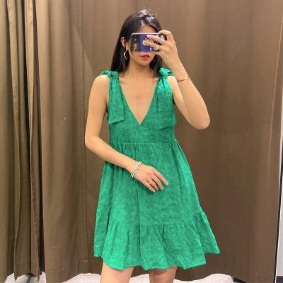 China Embroidery Breathable Cotton Sleeveless V Neck Mini Jumpsuit Dress Ladies Sexy Green One Piece Overalls For Women for sale