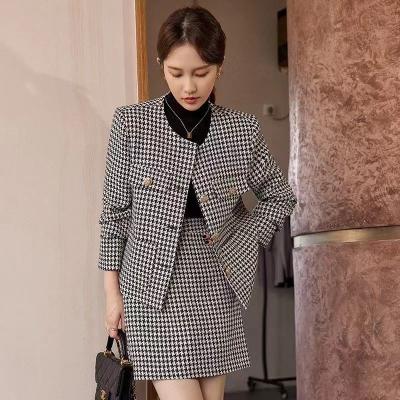 China Breathable New Arrive Women Long Sleeves Two Piece Sets Ladies Office Worsted Houndstooth Formal Short Skirt Coat Sets For Women for sale