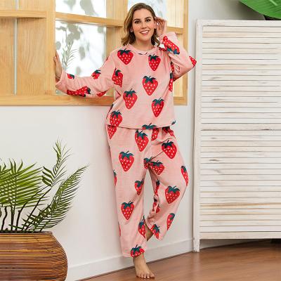 China High Quality Breathable Women Strawberry Print Flannel Sleepwear Sets Woman Plus Size Pajamas Sleepwear Sets Home Sets for sale