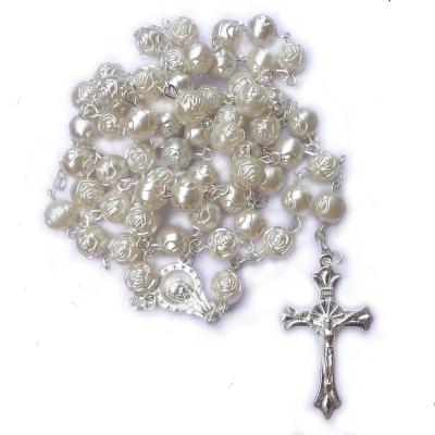 China Male and Female Fashion Jewelry 8mm Rose Beads White Rosary Beads Christ Cross Necklace Gift Sweater ChainNecklaces for sale