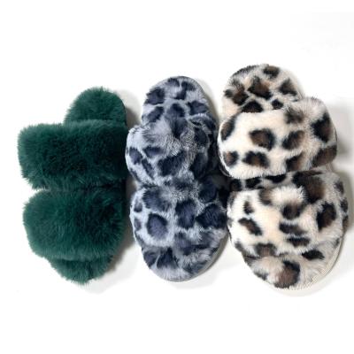 China Fashion Trend Multiple Colors Hairy Female Double Straps Leopard Print Fashion Wholesale Bedroom Solid Fur Slippers Inside for sale