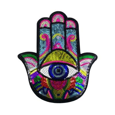 China Hand Viable Hot Selling Sequined Iron On Patches Large Hand Eye Sequins Embroidery Appliques For T Shirt for sale