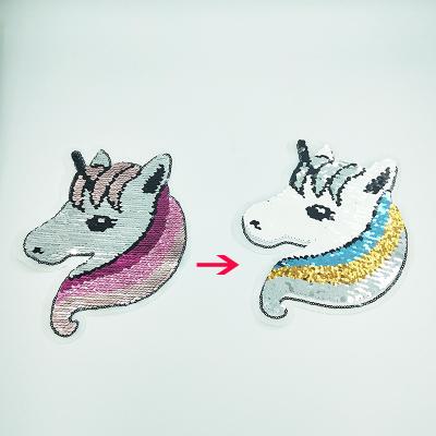 China 3D ready to ship pony unicorn embroidery patches reversible sequins applique patch for apparel for sale