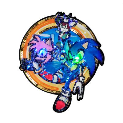 China hot sale patch Sonic Boom Embroidery Sequin 3D LED Lighting Animation Cartoon Image Patches with led for T-shirt for sale