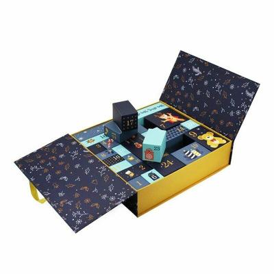 China Recyclable Custom Design Luxury Rigid Cardboard Contains 24 Packaging Boxes Christmas Advent Calendar Packaging Box With Yellow Ribbons for sale