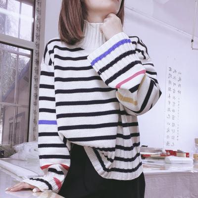 China Breathable Marlow Mock Neck Striped Casual Oatmilk Winter Long Sleeve Cashmere Women's Sweater for sale