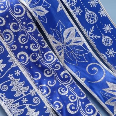 China High Tenacity 2.5inch Width Blue Glitter Pattern Christmas Ribbon For Christmas Decoration Garland Decoration for sale