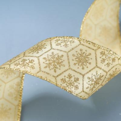 China High Tenacity 2.5inch Width Glitter Pattern Christmas Yellow Ribbon For Christmas Decoration Garland Decoration for sale