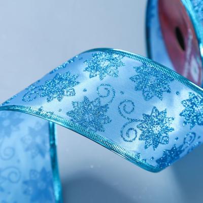 China High Tenacity 2.5inch Width Glitter Pattern Light Blue Christmas Ribbon For Christmas Decoration Garland Decoration for sale