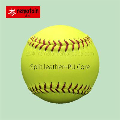 China 12 inch PU core Custom Logo Professional Softball yellow split leather sports game training softball balls Standard Size Softball for sale