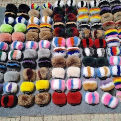 China Fashion trend colorful fluffy fox fur, furry real fox fur slippers, ladies open-toed fur slides for sale