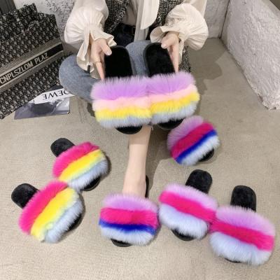 China Fashion Trend Wholesale Custom Fur Slippers Fashion Big Fur Slide Custom Logo Fox Fur Slippers for sale