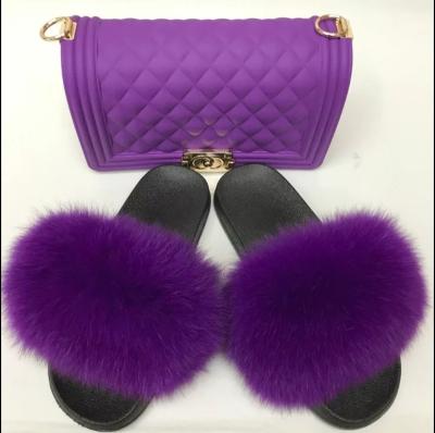 China Fashion Trend Fox Fur Indoor Slippers Custom Made Custom Made Fur Slippers Indoor Purple Slippers for sale