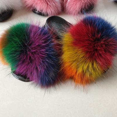 China Fashion Trend Fur Slipper Wholesale Rainbow Fur Slippers Matching Set Fur Leather Slipper for sale