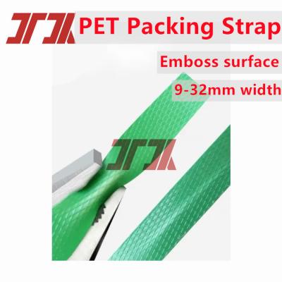 China Strong Tension Green Embossed Pet Polyester Pallet Strapping Belt for Cargo Packing for sale