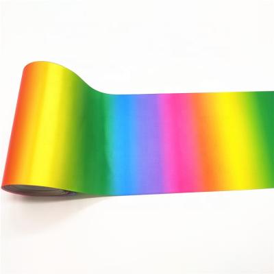 China 100mm viable 4 inch rainbow colored heat transfer printed polyester satin ribbon for hair bows for sale