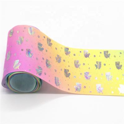 China 75mm Viable 3 Inch Colored Foil Hologram Thermal Transfer Printed Grosgrain Ribbon With Unicorn Logo for sale