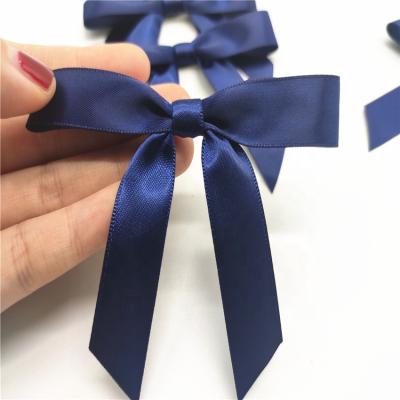 China Custom Made Hand Made Cheap Cost Blue Soild Color Satin Ribbon Bow With Adhesive Tape For Gift Wrapping for sale