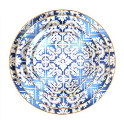 China Wholesale Gold Rim Ceramic Dish Stocked Blue Dish Set For Wedding Rental for sale