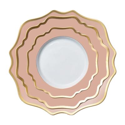 China Wholesale Bone China Rose Gold Rim Stocked Ceramic Baseplate For Wedding for sale