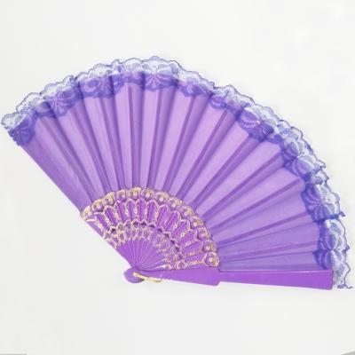 China All People Logo Printing Polyester Satin Bamboo Custom Fan Hand Held Folding Fan for sale