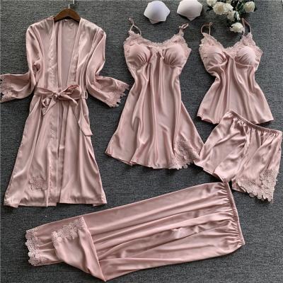 China 5 Piece QUICK DRY Pajamas Set Sexy Lace Stain Women Pajamas Customize Faux Silk Robe Lace Robe Sleepwear With Chest Pads for sale