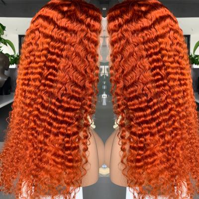 China Wavy Grade Ginger Curly Wig Orange, 180% Density Glueless HD Lace Wig Wholesale 10A Transparent Full Wigs for sale