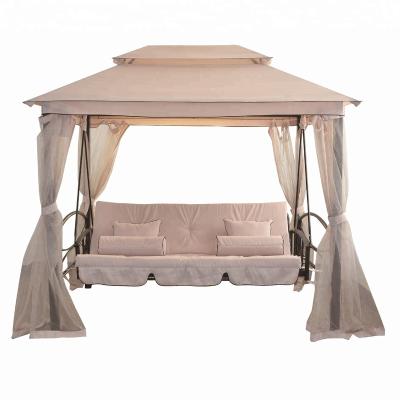 China Modern luxury 3 seater gazebo swing chair with bed function and swinging mosquito net, 2020 new leisure garden gazebo steel bed for sale