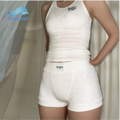 China Breathable Custom Logo Womens Loungewear Suit Terry Towel Fabric Tank Top And Boxer Short Two Piece Set for sale