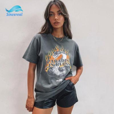 China Custom Made Loose Printed Breathable Solid Color Pattern Round Neck Street Style Ladies Oversized Casual T-shirt for sale