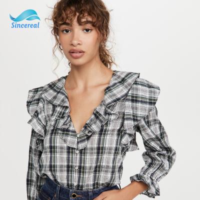 China Casual Elegant Fashion Customized Plaid Ruffled V-neck Anti-pilling Button Long Sheaths Ladies' Blouses for sale