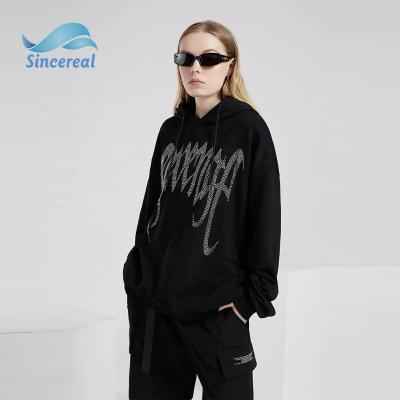 China Hot Sale Custom Black Anti-pilling Diamond Hoodies For Women Letter Rhinestone Studded Pullover Sweatshirt for sale