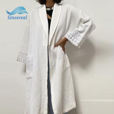 China 2021 High Quality Waffle Custom Lace Breathable Soft White Long Sleeve Casual Pajamas Robes For Women for sale