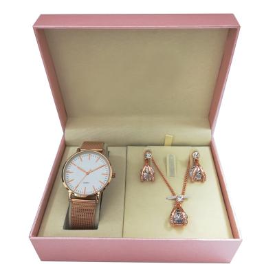 China Romantic China factory hot sale promotion rose gold lady watch and jewelry set/  women silver watch and earrings and necklace gift set for sale