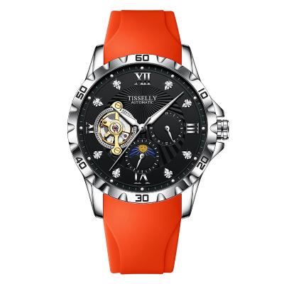 China Auto Date Custom Oem New Luxury Men Mechanical Watch Stainless Steel Case Silicone Band Skeleton Automatic Mechanical Men Watch for sale