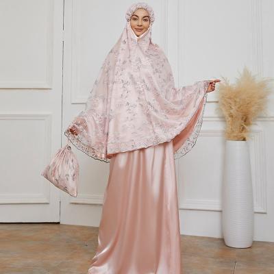 China IMITATED SILK FABRIC Muslim Islamic Women Embroidered Lace Long Prayer Robe Gown Set for sale