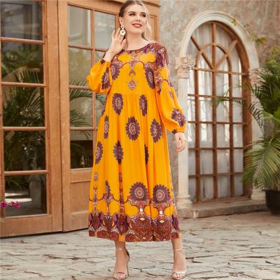 China GH-2164 Print/Dye Around Neck Contrast Printing Jalabiya Floral Casual Long Kaftan Long Sleeve Pleated Muslim Abaya Dress for sale