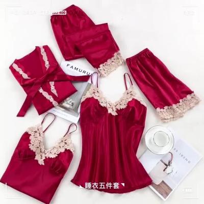 China Spring Summer QUICK DRY Silk Lace Up Sexy Nightgown Sleepwear Custom Five-Piece Set Women's Pajamas With Pad for sale