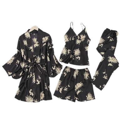 China QUICK DRY Print Nightgown Sleepwear Suspenders Dress Silk Nightgown Four-Piece Set Sexy Pygamas Woman Pajamas Long Robes for sale