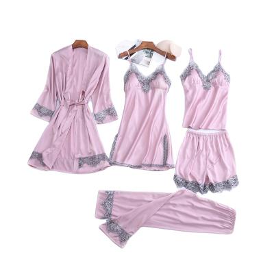 China Wholesale QUICK DRY Women's Wholesale Ice Silk Five-Piece Flange Long Lace Nightgown Thin Sexy Pajamas Dress Sleepwear for sale