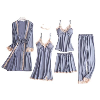 China Custom Sexy Suspenders QUICK DRY Silk Five-Piece Set Pajamas Lace Up Night Wear Sleepwear With Protection for sale