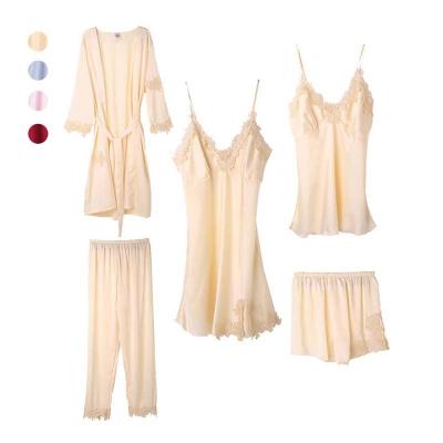 China QUICK DRY Sleep Wear Night Wear Silk Sling Five-Piece Set Women's Sleepwear Lounge Wear Nightgown Robe For Sleep Wear for sale